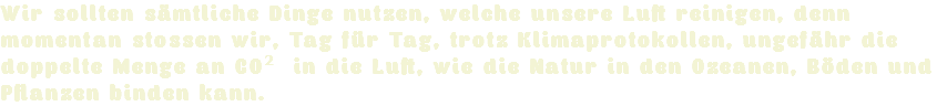 Wir sollten sämtliche Dinge nutzen, welche unsere Luft reinigen, denn momentan stossen wir, Tag für Tag, trotz Klimaprotokollen, ungefähr die doppelte Menge an CO2 in die Luft, wie die Natur in den Ozeanen, Böden und Pflanzen binden kann.