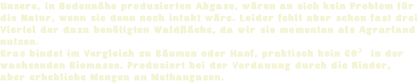 Unsere, in Bodennähe produzierten Abgase, wären an sich kein Problem für die Natur, wenn sie denn noch intakt wäre. Leider fehlt aber schon fast drei Viertel der dazu benötigten Waldfläche, da wir sie momentan als Agrarland nutzen.
Gras bindet im Vergleich zu Bäumen oder Hanf, praktisch kein CO2 in der wachsenden Biomasse. Produziert bei der Verdauung durch die Rinder, aber erhebliche Mengen an Methangasen.